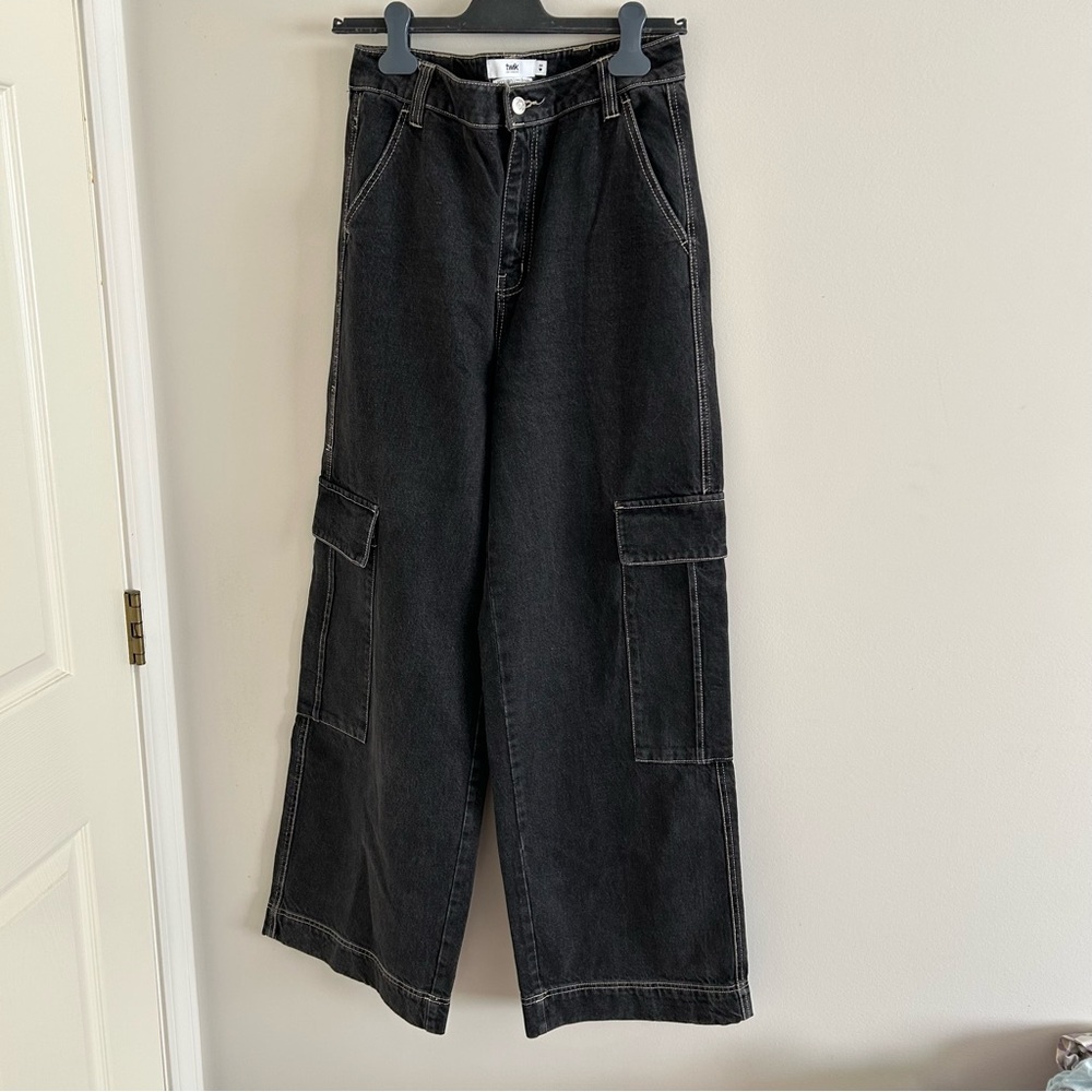 Twik for Simons Women's Faded Black ultra wide leg Cargo Jeans size 29 EUC!